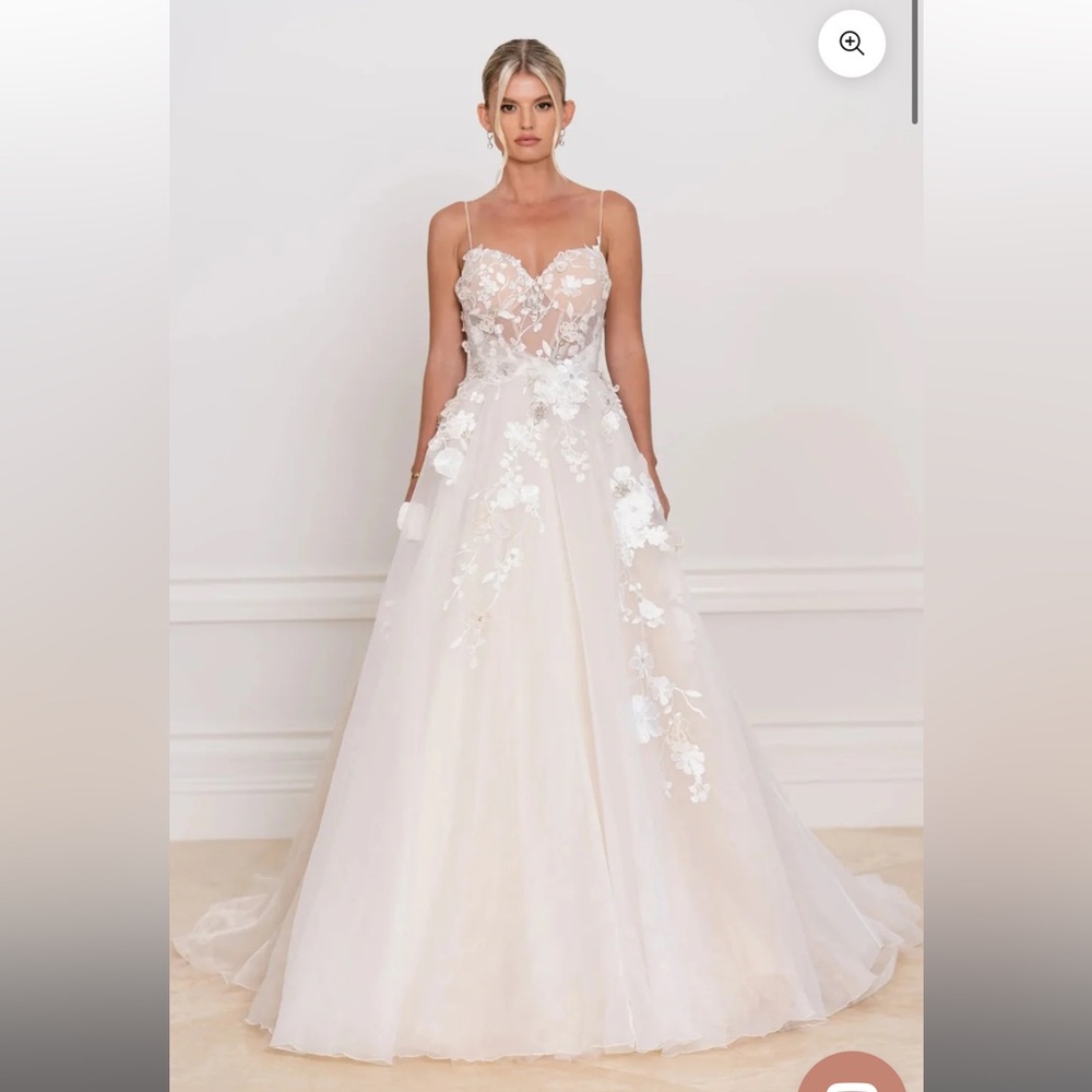 Liz Martinez SS 2023 Maria Wedding dress. A line Silk organza with 3D appliqué.
